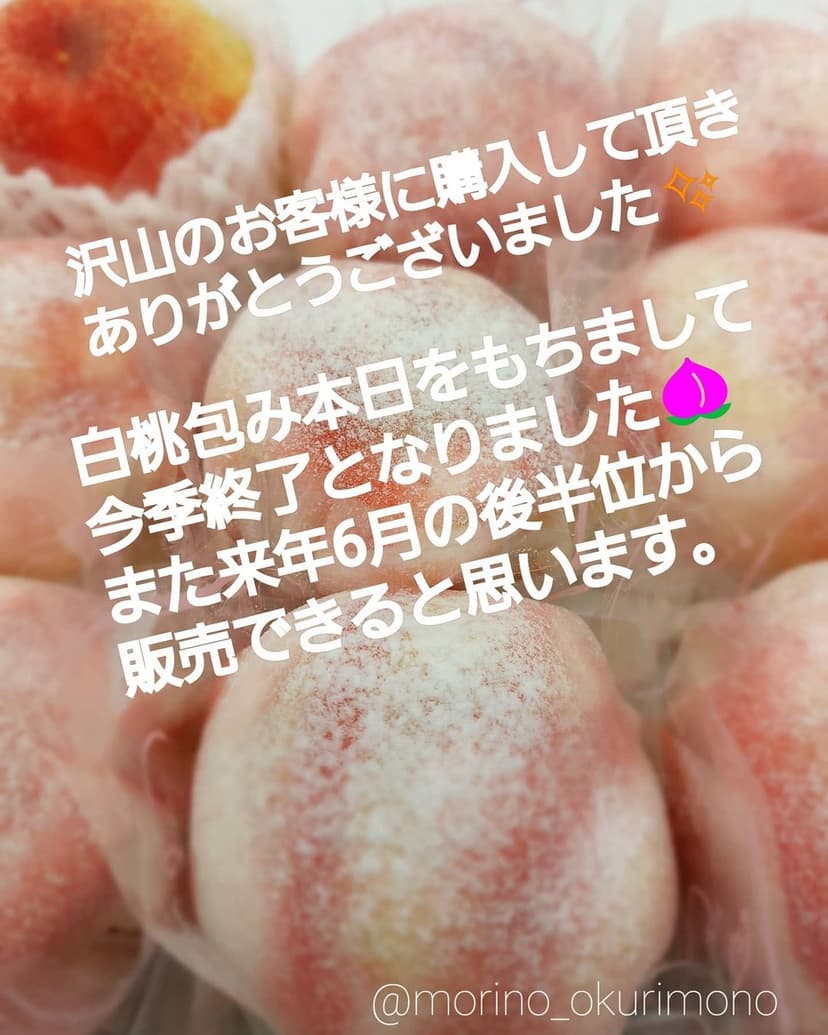 いつもありがとうございます🎂
🔔お知らせです
『白桃包み』今年も沢山のお客様に気に入って頂きお買い求め頂き本当にありがとうございました🍑
今年は雨が多く例年より桃の入荷が早くに終わってしまいました💦
そして本日をもちまして今季は...
